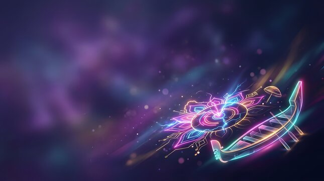 Neon glowing traditional festival symbols and boat graphic against dark purple space background