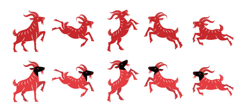 2027 Year of the Goat Red Paper Cut Style Chinese Zodiac Goat Set, Traditional Folk Art Goats in Running, Jumping and Standing Poses for Lunar New Year Design