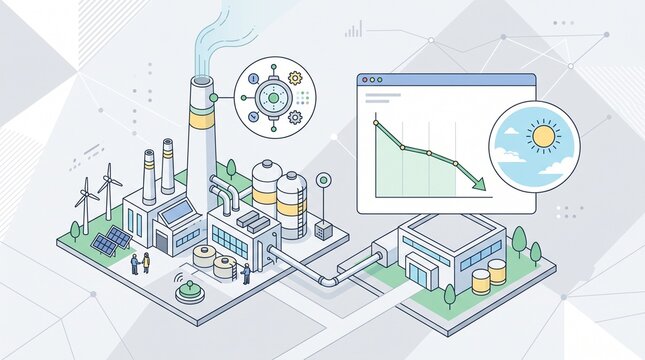 Industrial landscape illustration with renewable energy sources and data analytics overview