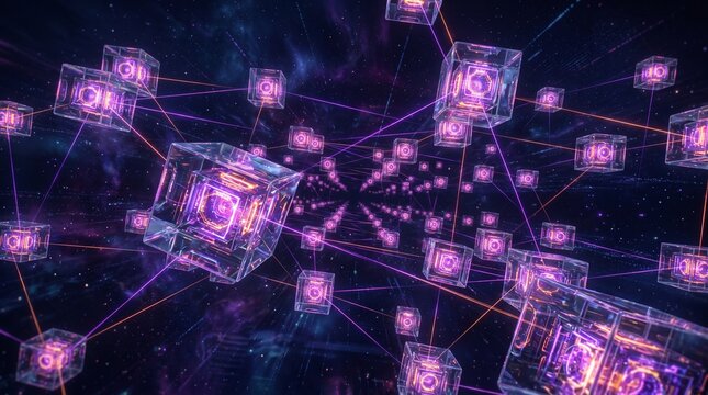 Interconnected glowing crystalline cubes forming a vast futuristic network against a cosmic backdrop