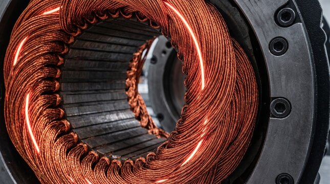 Intricate copper windings within an industrial motor showcasing electrical conductivity and
