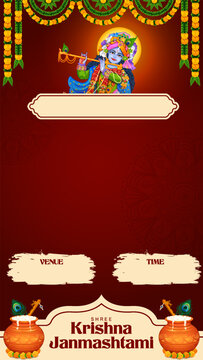 Krishna Janmashtami Vertical Festival Poster with Krishna and Traditional Indian Temple Decorations