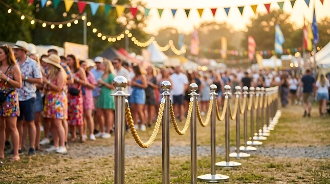 Crowd of people attending outdoor summer festival with colorful flags and string lights in warm sunset light creating lively atmosphere.