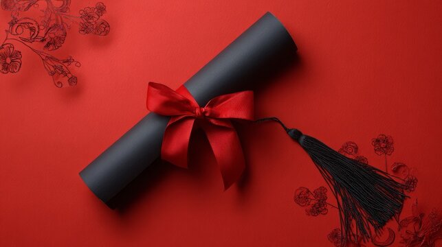 Top view of graduation diploma with elegant bow and academic cap with tassel on vibrant red background, education achievement and academic success concept, university graduation ceremony, student acco