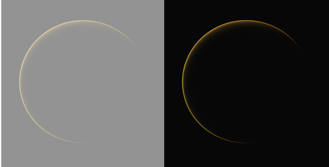Abstract golden glowing crescent arc line background on grey and black backgrounds. Elegant gold thin curve halo light effect and circular border overlay. Luxury golden glowing eclipse wave line © Lumına Studıo