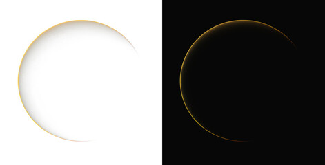 Abstract golden glowing crescent arc line background on white and black backgrounds. Elegant gold thin curve halo light effect and circular border overlay. Luxury golden glowing eclipse wave line © Lumına Studıo