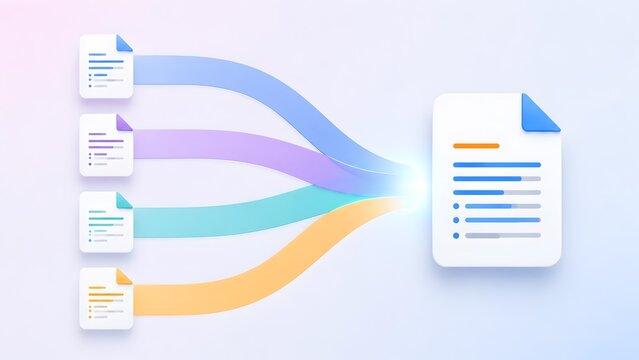 Digital documents converging through colorful paths into a single unified file representing seamless workflow integration and data merging