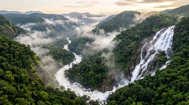 Breathtaking aerial view of a majestic waterfall cascading into a lush green river valley with rising mist in tropical rainforest mountains