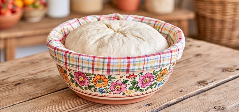 In a cozy bakery setting, dough gently rises in a ceramic bowl wrapped with a vibrant cloth on a wooden table.