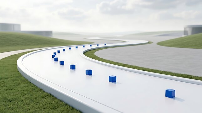Small blue cubes placed in a line along a curved modern white road through a grassy landscape on a cloudy day