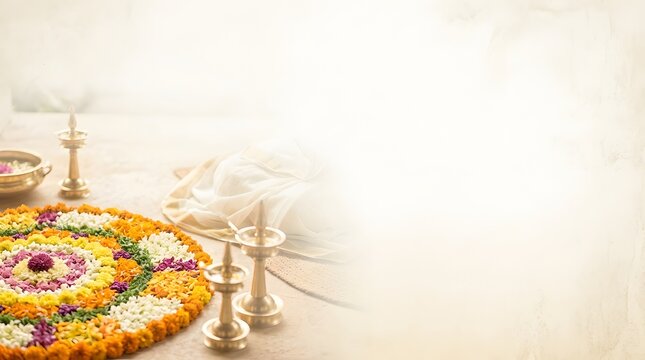 Traditional Indian harvest festival flat lay with floral carpet and brass lamps