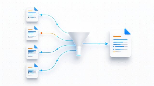 Digital document icons flowing through a funnel into a single consolidated file representing data filtering and information processing