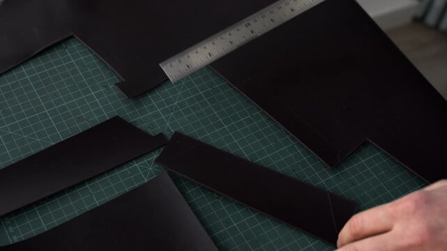 Craftsman cutting black genuine leather with a sharp utility knife and a metal ruler on a green cutting mat in his workshop
