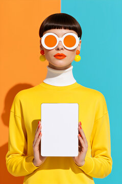 Fashionable woman holding blank white tablet screen. Female model in retro sunglasses and yellow sweater showing digital pad display on split orange and blue background. Pop art style mockup