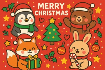 Naklejka premium Festive animals celebrate Christmas joyfully.