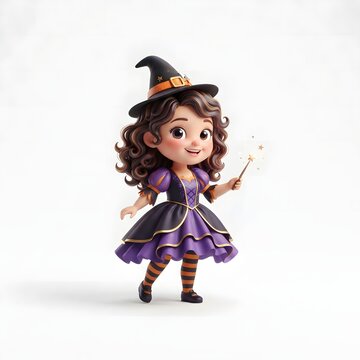 Young cheerful witch girl in a vibrant purple dress holding a glowing magic wand with stars under a night sky