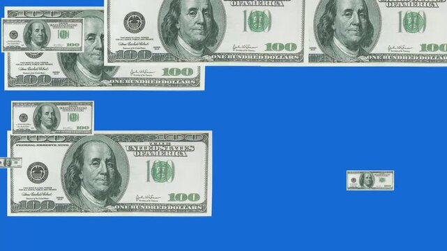 A dynamic background made of dollars on a blue background. 4K