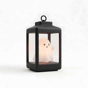 Whimsical Black Lantern with Glowing Ghost Silhouette Creating a Cozy and Playful Halloween Atmosphere