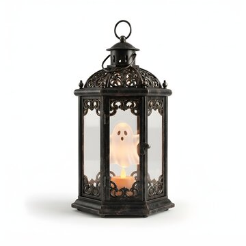 Intricate Black Metal Lantern Featuring a Glowing Ghost Silhouette and Lit Candle Inside for Halloween Decor