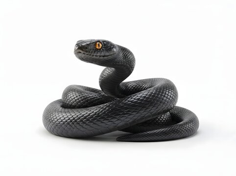 Close-up portrait of a striking black rat snake coiled elegantly with intricate scale patterns and piercing eyes