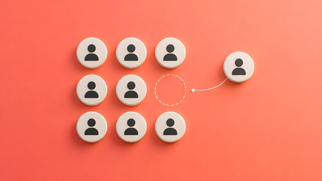 Strategic employee turnover and staffing solution visualized by round wooden tokens with user icons on peach background representing individual transitioning out of corporate group