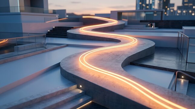 Glowing orange light trail moving along a dark industrial conveyor belt system in a modern automated warehouse facility