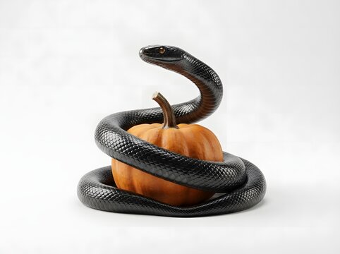 Striking black snake coiled around a bright orange pumpkin in a minimalist white setting