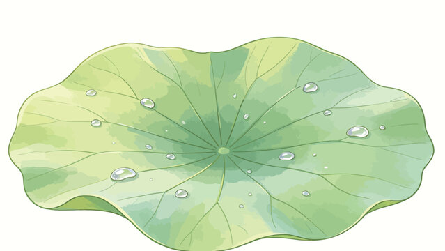 A delicate watercolor illustration of a fresh green lotus leaf adorned with sparkling raindrops, featuring