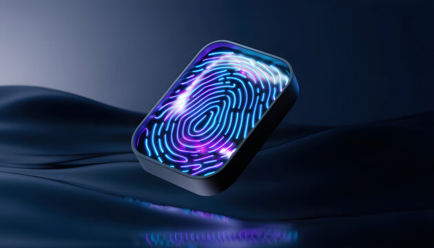 Glowing Neon Fingerprint Scanner on Floating Glass Card Biometric Security