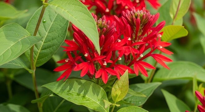 Vibrant red Pentas lanceolata flowers amidst lush green foliage in a garden setting.