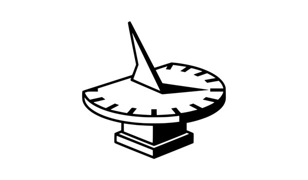 Black and white minimalist sundial vector icon with pedestal, curved dial face and geometric time shadow
