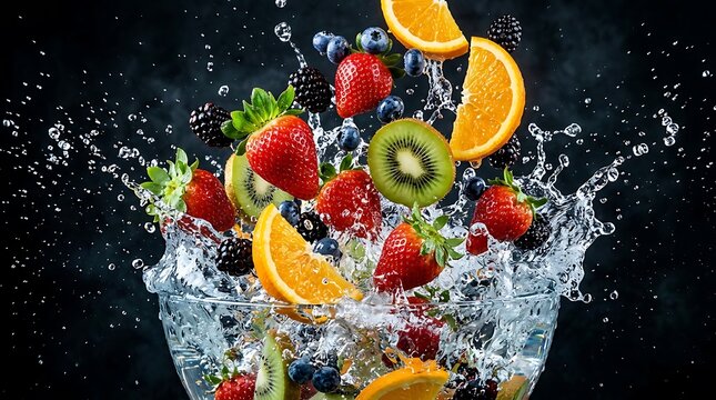 Fresh mixed fruits splashing in clear water with ice cubes in a bowl on a dark black background for healthy food
