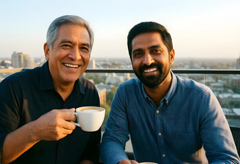 Naklejka premium Intergenerational friendship and mentorship, diverse men drinking coffee together on an urban rooftop at sunset with city skyline background