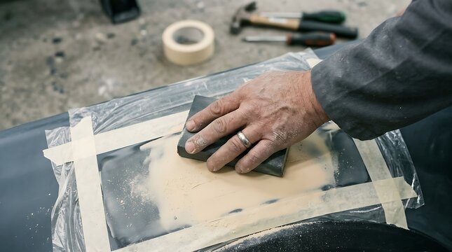 Auto body technician hand sanding putty filler on masked car panel using sanding block for automotive refinishing, paint preparation and surface restoration.