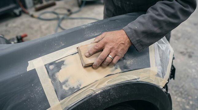 Auto body repair technician sanding gray car fender filler with wooden sanding block during scratch restoration service in professional automotive workshop garage.