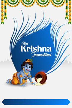 Happy Krishna Janmashtami Greeting Card with Baby Krishna and Traditional Indian Decorations