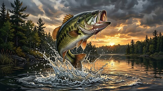 Large bass fish jumping out of the water in a lake during a beautiful sunset with trees in the background scenery
