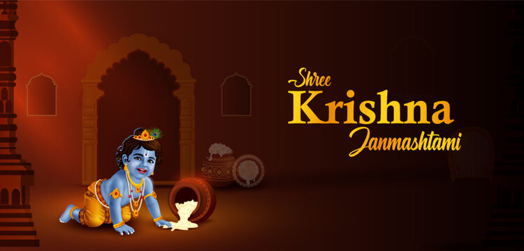 Happy Krishna Janmashtami Horizontal Banner with Baby Krishna and Festive Indian Decorations