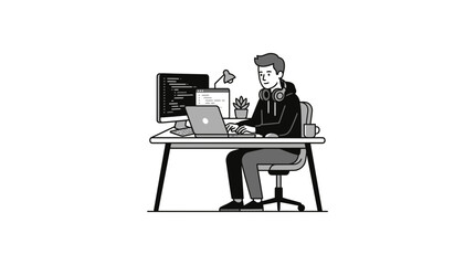 Fototapeta premium Freelancer using laptop with headphones.