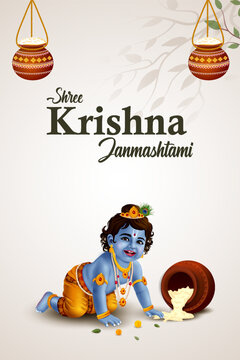 Happy Krishna Janmashtami Greeting Card with Baby Krishna and Traditional Indian Decorations