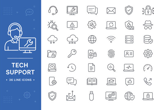 Tech support line icons set featuring computer repair and customer service