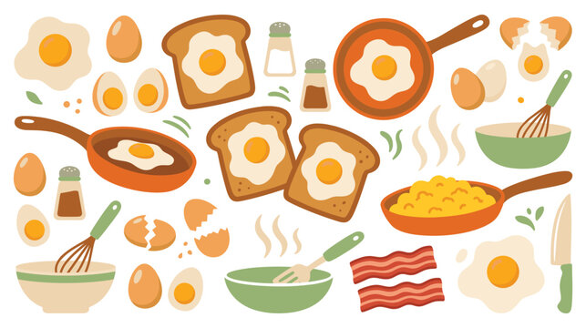 Breakfast cooking set flat illustration fried eggs bread kitchen.
