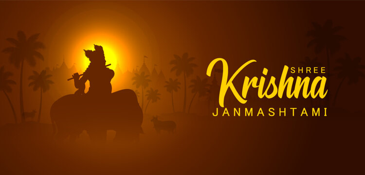 Krishna Janmashtami Horizontal Festival Banner with Krishna Silhouette and Warm Festive Background