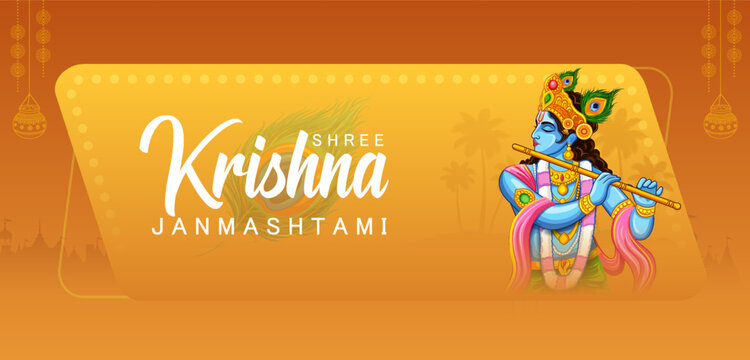 Krishna Janmashtami Horizontal Greeting Card with Krishna and Butter Pot Illustration