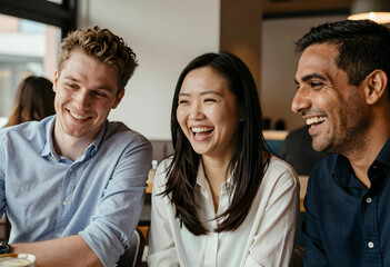 Fototapeta premium Diversity and inclusion in corporate culture, happy multiethnic team collaborating during a casual meeting in a modern office or coffee shop environment