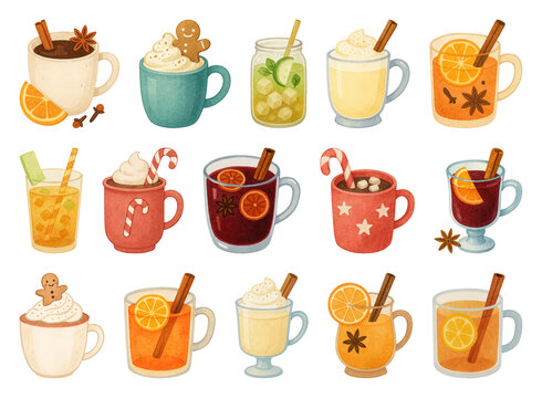 Colorful festive holiday drinks illustration