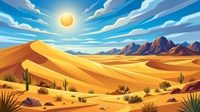 Vast desert landscape with rolling sand dunes, cacti, and distant mountains under a bright sun and dramatic clouds