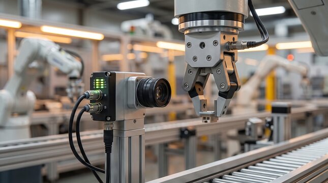 Industrial robotic arm with machine vision camera on an automated manufacturing assembly line