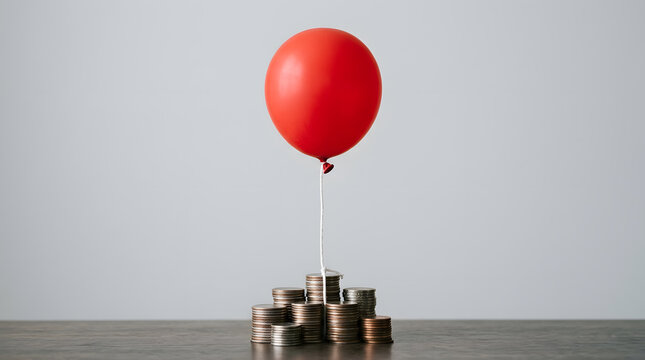 Bright red balloon attached to a stack of assorted metal coins on a wooden surface with financial bubble market volatility economy risk financial growth investment risk light background currency