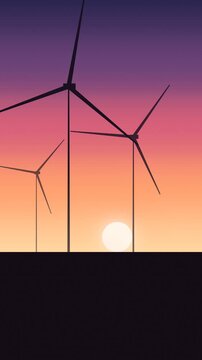 Wind turbines at sunset. 2d animation